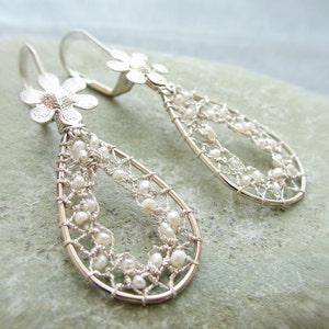 Drops of Dreams Needle Lace Earrings with Tiny Sweet Water Pearls image 1