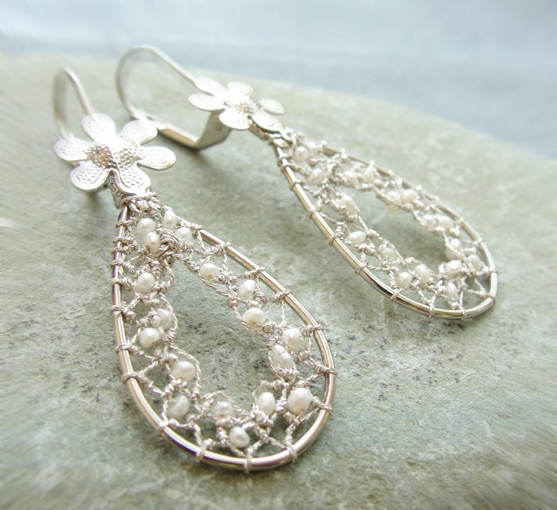 Drops of Dreams Needle Lace Earrings with Tiny Sweet Water Pearls image 1