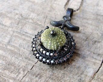Sterling Silver Urchin Necklace with Cubic Zircon Green Oxidized Sea Urchin Sterling Silver Necklace One of a Kind