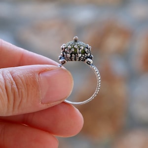 Anillo de lujo de plata de ley verde, joyería de erizo de mar anémona de mar