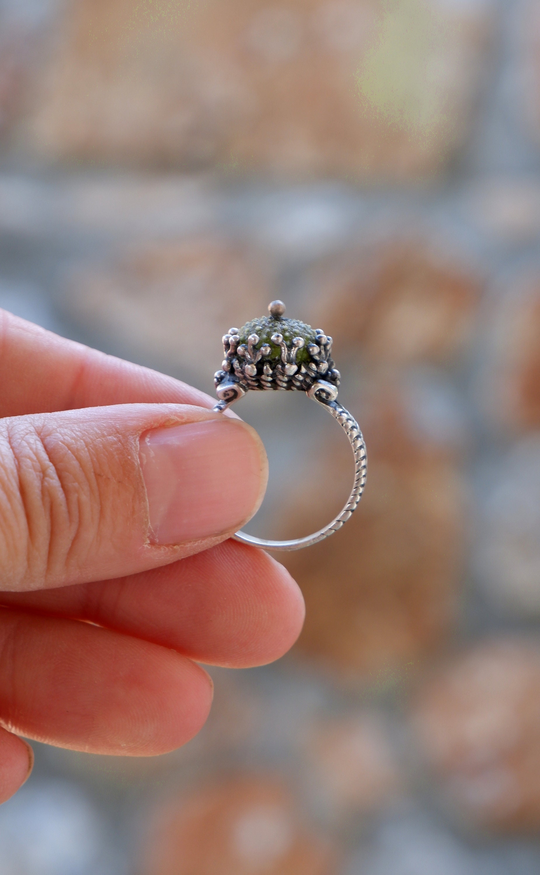 Green Sterling Silver Luxurious Ring,  Sea urchin jewelry Sea anemone