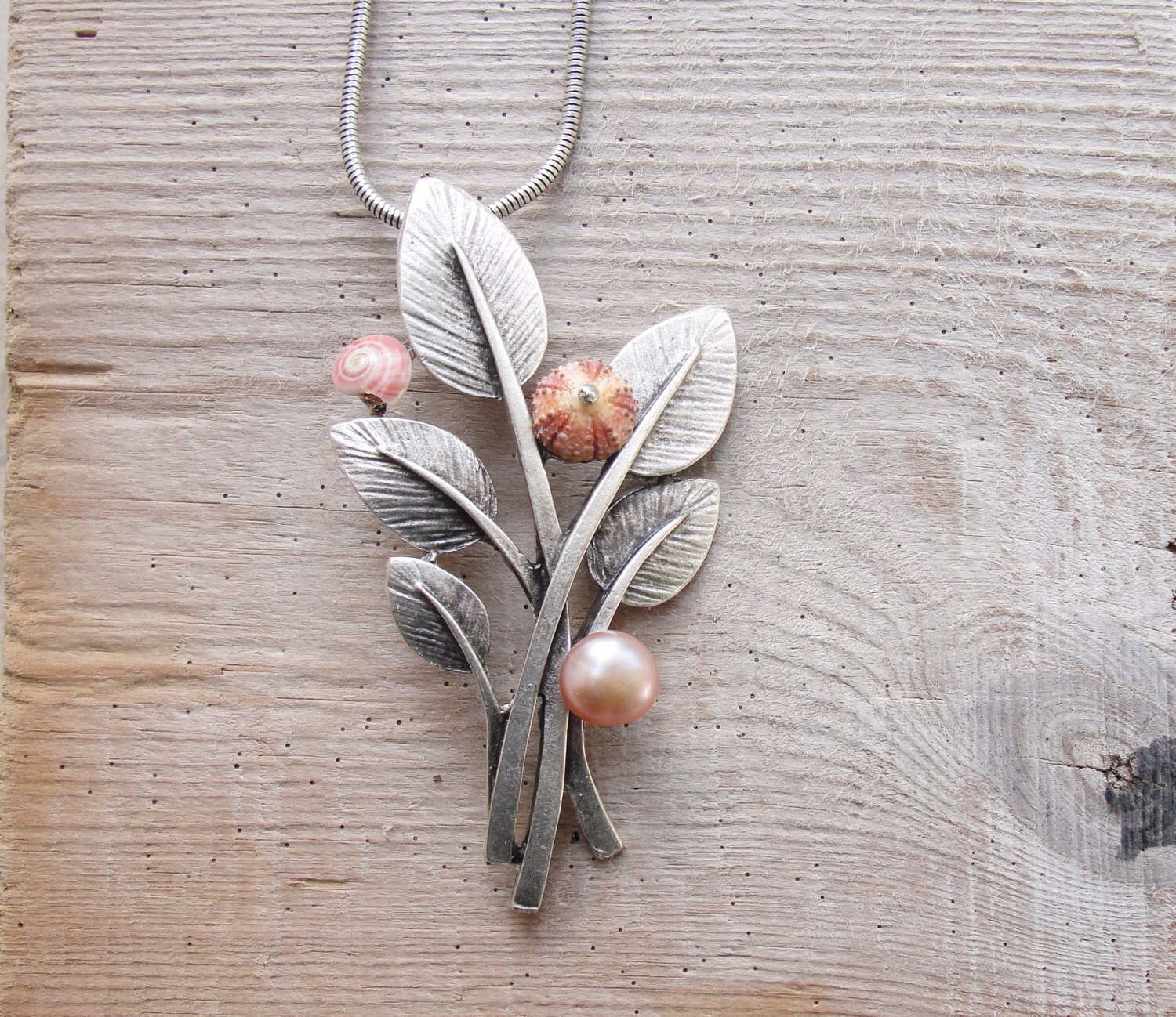 Sea Urchin Necklace Pink Leaves Necklace With Pearl and Shell - Etsy