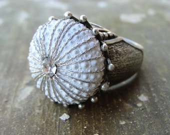 Statement Sea Urchin Ring, Sterling Silver White Sultan Ring size 7.5