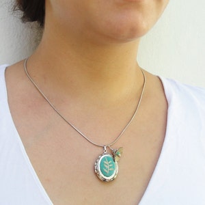 Embroidery Locket Necklace Teal Vintage Embroidery, Enamel and Silver plated metal image 2