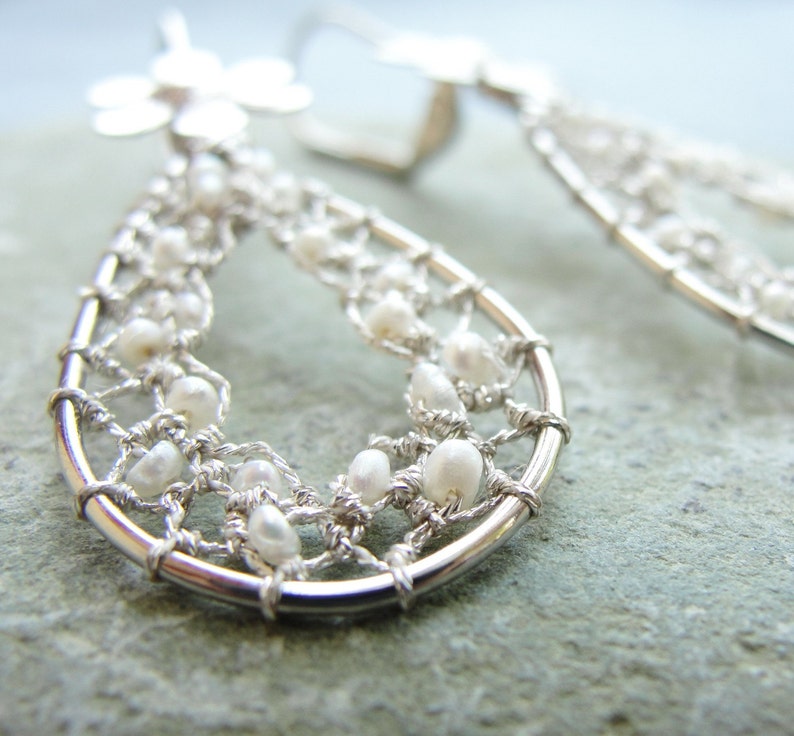 Drops of Dreams Needle Lace Earrings with Tiny Sweet Water Pearls image 4