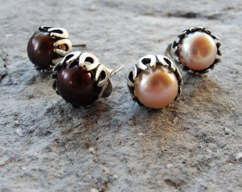 Sterling silver Pearl Earrings Pearl studs In Pale Pink or Brown