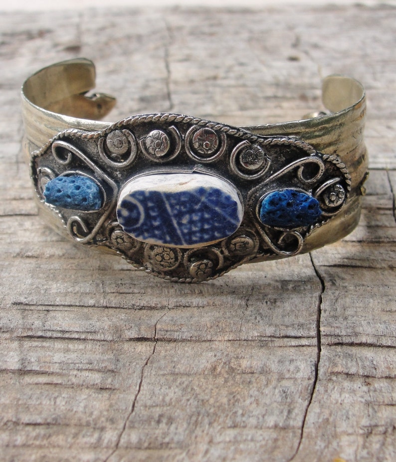 Myths and Legends Cuff Vintage Bracelet Beach Tile Blue Coral Delft Blue Pottery image 7