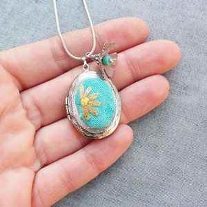 Embroidery Locket Necklace Teal Vintage Embroidery, Enamel and Silver plated metal image 5