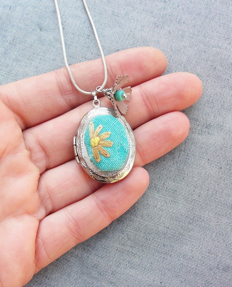 Embroidery Locket Necklace Teal Vintage Embroidery, Enamel and Silver plated metal image 5