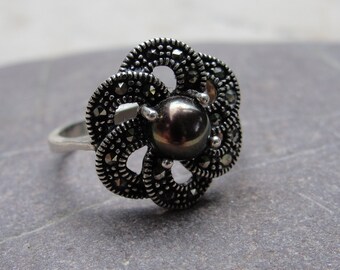 Sterling Silver Pearl Ring with Marcasite stones, one of a kind size 8