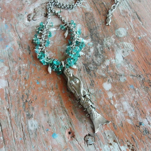 Mermaid Necklace Pearls, Aquamarine and Vintage Mermaid
