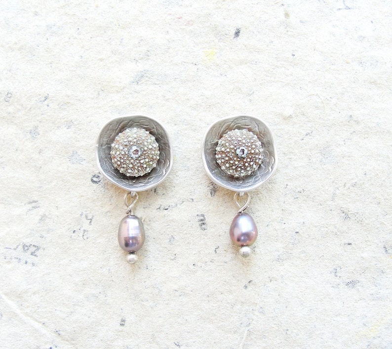 Sea Urchin Post Earrings with Pearls, Lightweight mermaid jewels image 2