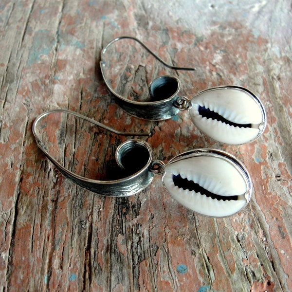 Cowry Shell Earrings, Sterling Silver Cowrie Seashell Jewelry