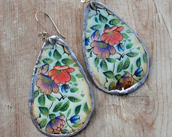 Happy Flower Earrings, Vintage Tin Earrings, Statement Earrings, Soldered Hammered Leaves and Flowers, Sterling Silver