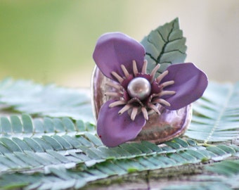 Lotusblumen Ring, Vintage Emaille Blumen und Blatt, Statement Ring