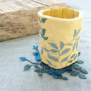 Embroidered and Crocheted Textile Cuff with Leather and Vintage Buttons Yellow and Blue image 4