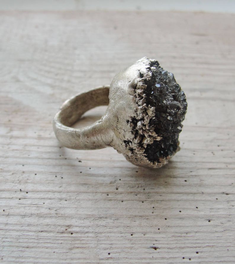 Electroformed Druzy Quartz Ring Hand formed Fine Silver Statement jewelry image 5