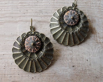 Brass Sea Urchin Earrings Special Texture, Earthy Colors