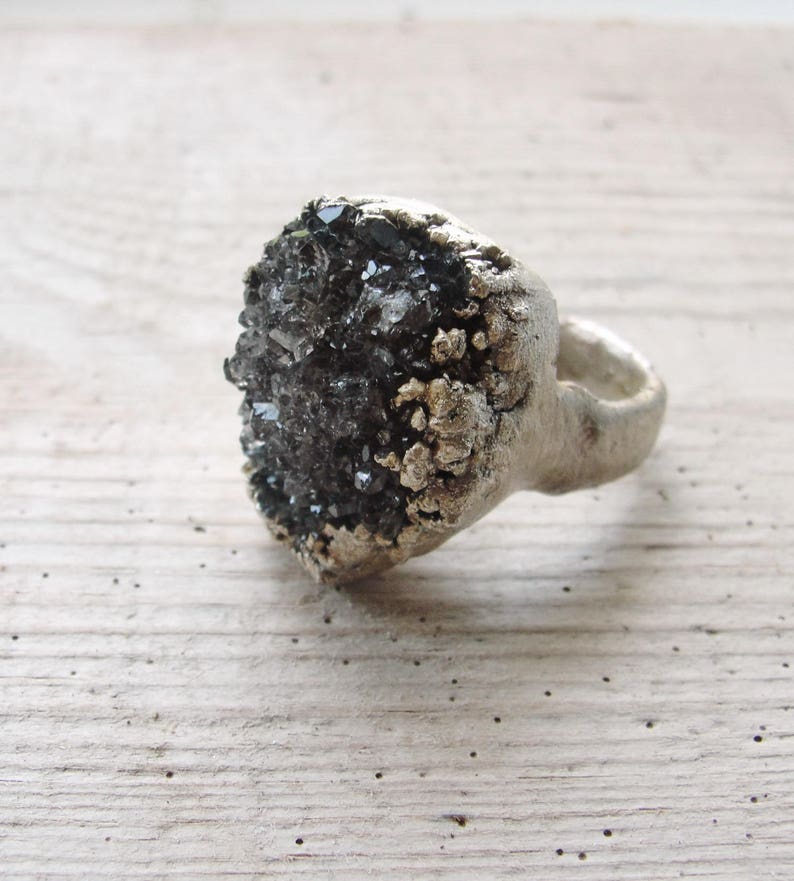 Electroformed Druzy Quartz Ring Hand formed Fine Silver Statement jewelry image 1