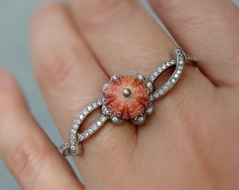 Two-finger Ring, Sterling Silver Pink Sea Urchin Ring with Cubic Zirconia, Lucky Clover Knuckle ring Adjustable size