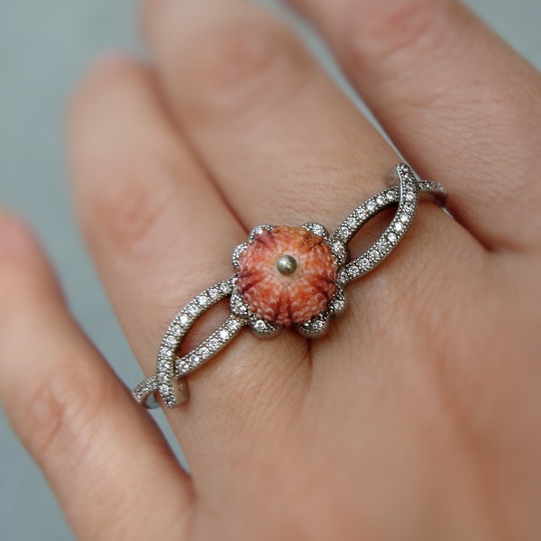 Two-finger Ring, Sterling Silver Pink Sea Urchin Ring with Cubic Zirconia, Lucky Clover Knuckle ring Adjustable size