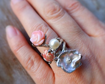 Sterling Silver Pearl & Coral Ring: Handmade Seashell Jewelry, Size 8