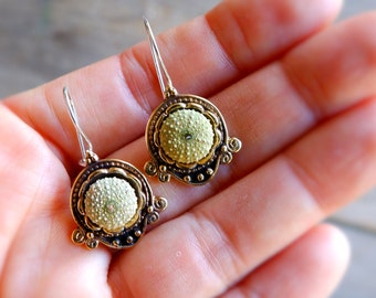 Brass Sea Urchin Earrings Special Texture, Earthy Colors, One of a Kind