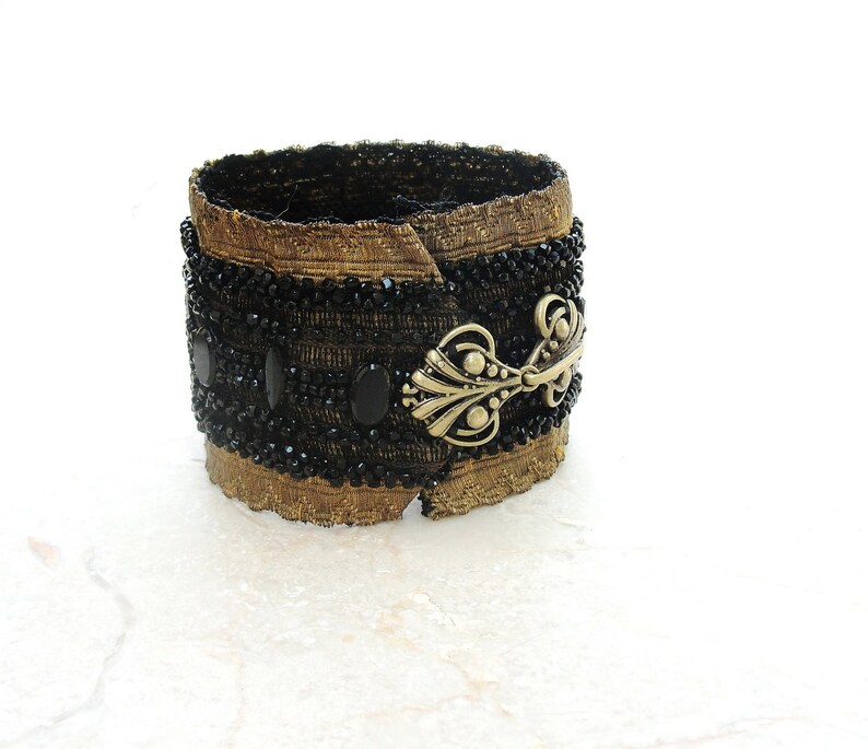 Antique Victorian Cuff Beadwork and Vintage Lace Gothic Burlesque image 1