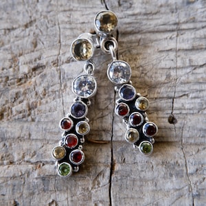 Sterling Silver Cluster Stone Earrings: Garnet, Peridot, Amethyst, Citrine, Ruby, Quartz