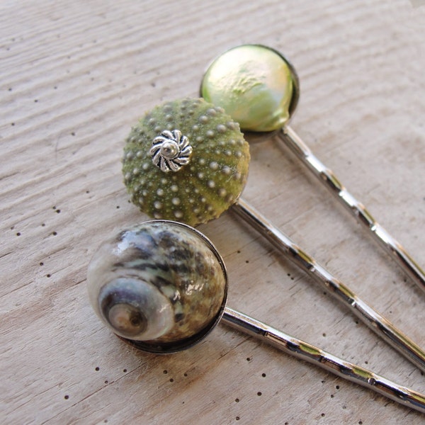 Forcine a forma di riccio di mare: accessori per capelli con perle e conchiglie - set da tre