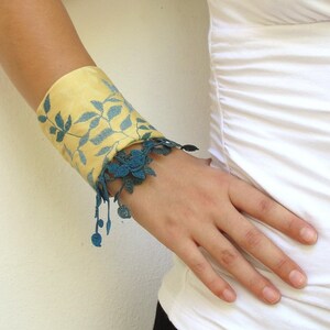 Embroidered and Crocheted Textile Cuff with Leather and Vintage Buttons Yellow and Blue image 3