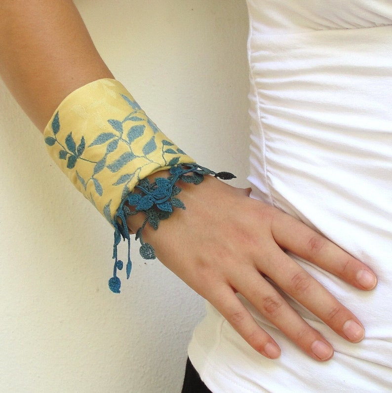 Embroidered and Crocheted Textile Cuff with Leather and Vintage Buttons Yellow and Blue image 3