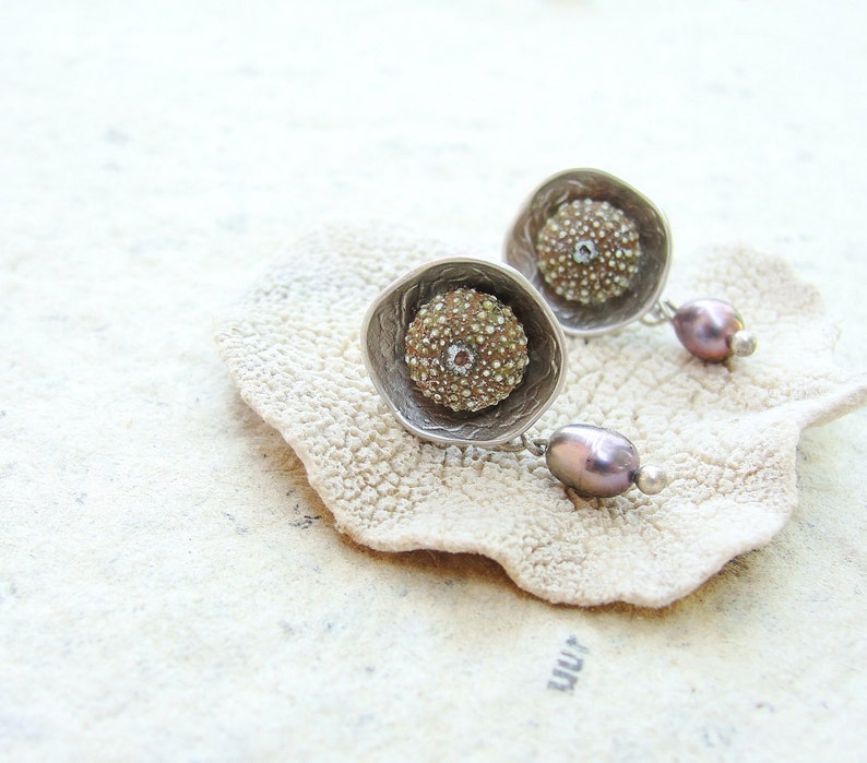 Sea Urchin Post Earrings with Pearls, Lightweight mermaid jewels image 1