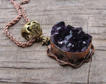 Druzy Amethyst Necklace Hand formed Copper and Bronze Statement jewelry