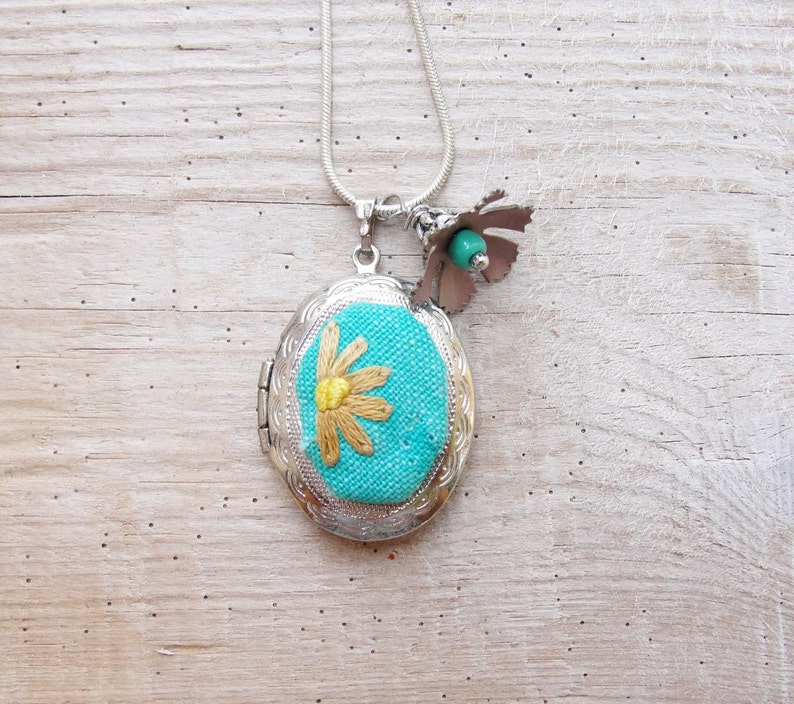 Enamel and Silver plated metal Embroidery Locket Necklace Teal Vintage Embroidery