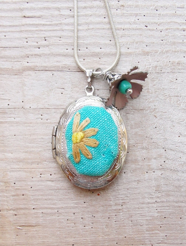 Embroidery Locket Necklace Teal Vintage Embroidery, Enamel and Silver plated metal image 1