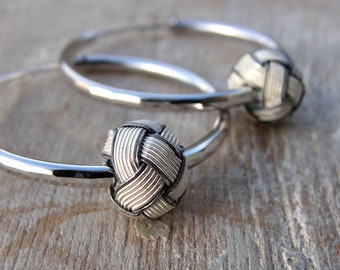 Hoop Earrings with Hand knotted Kazaziye Sterling Silver woven Fine Silver Oxidized and Mat