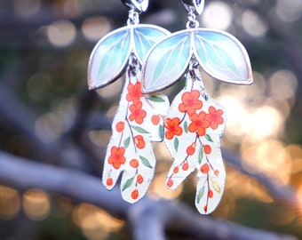 Sakura Flower Earrings, Vintage Tin Earrings, Statement Earrings, Leaves and Flowers, Asymmetrical earrings