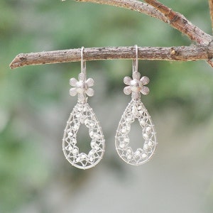 Drops of Dreams Needle Lace Earrings with Tiny Sweet Water Pearls image 2