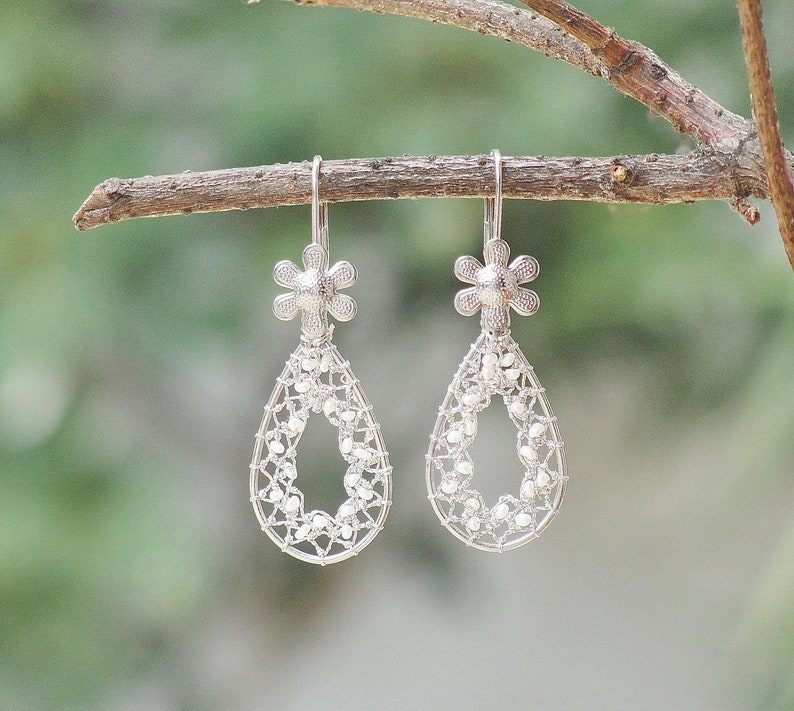 Drops of Dreams Needle Lace Earrings with Tiny Sweet Water Pearls image 2