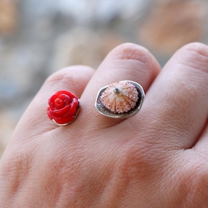 Anillo de coral erizo de mar, dúo rosa y rojo, talla 7.5 de EE. UU.