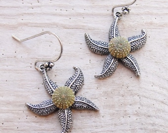 Starfish Earrings Green Sea Urchin Earrings