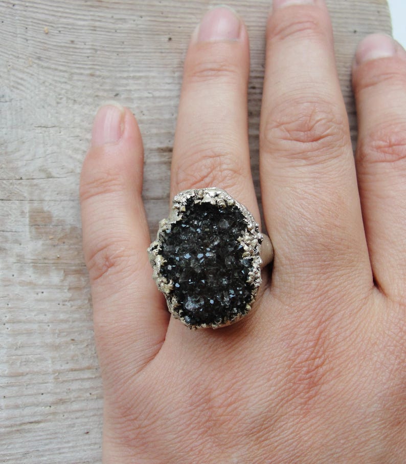 Electroformed Druzy Quartz Ring Hand formed Fine Silver Statement jewelry image 8