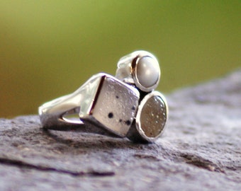 Druzy Quartz Sterling Silver Ring with Pearl one of a kind size 6.5 Large Multistone Statement Ring