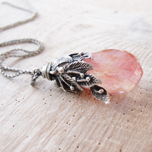 Sterling Silver Cherry Quartz Necklace Art Nouveau Leaves of Nature