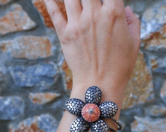 Pink Flower Sea Urchin Bracelet, Seashell Cuff Flower Bracelet Statement Jewelry