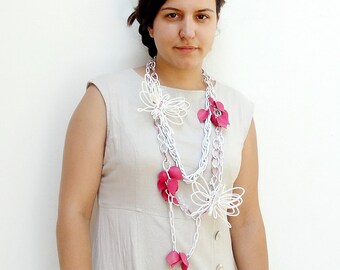 Express Yourself Statement Necklace, Magenta and White Butterfly Necklace