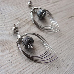 Sterling Silver Drop Earrings Hand knotted Kazaziye woven Fine Silver Oxidized and Mat