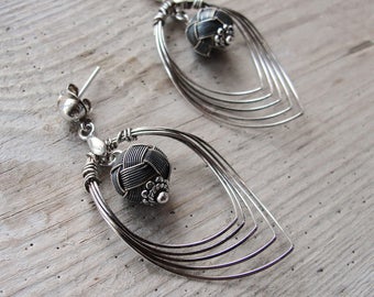 Sterling Silver Drop Earrings Hand knotted Kazaziye woven Fine Silver Oxidized and Mat