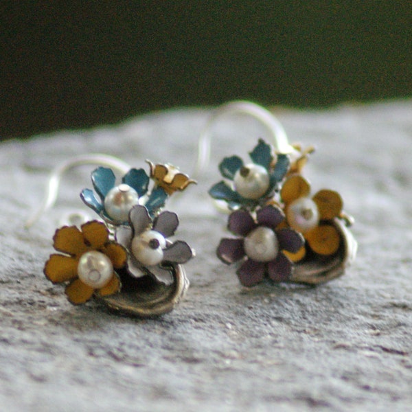 Enamel and Pearl Earrings, Pastel flowers earrings